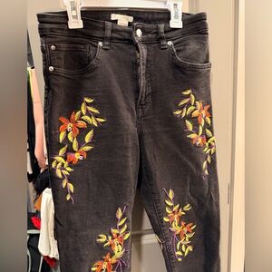 H&M Black Jeans with Floral Embroidery